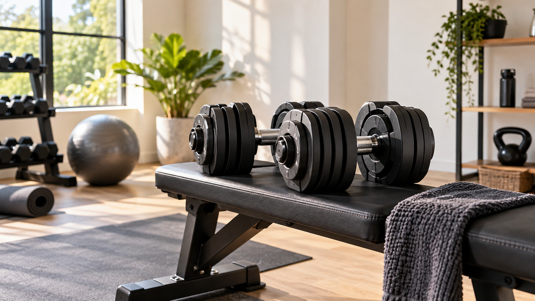 Editorial home gym view of securely assembled adjustable weights