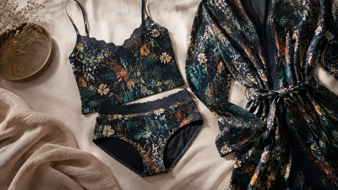 Botanical-patterned underwear, camisole and coordinating robe arranged on neutral linen