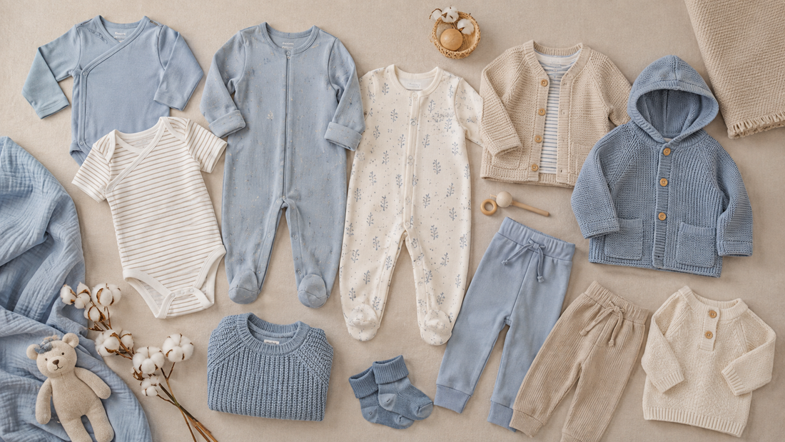 Soft baby clothes for boys arranged in calm blue beige and cream tones