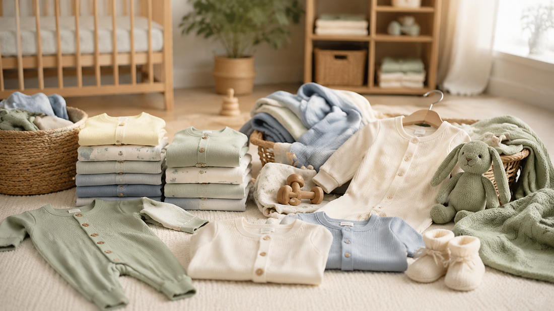 Soft organic cotton baby clothes in a bright nursery