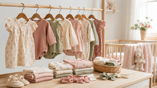 Soft practical baby girl clothes in a bright nursery