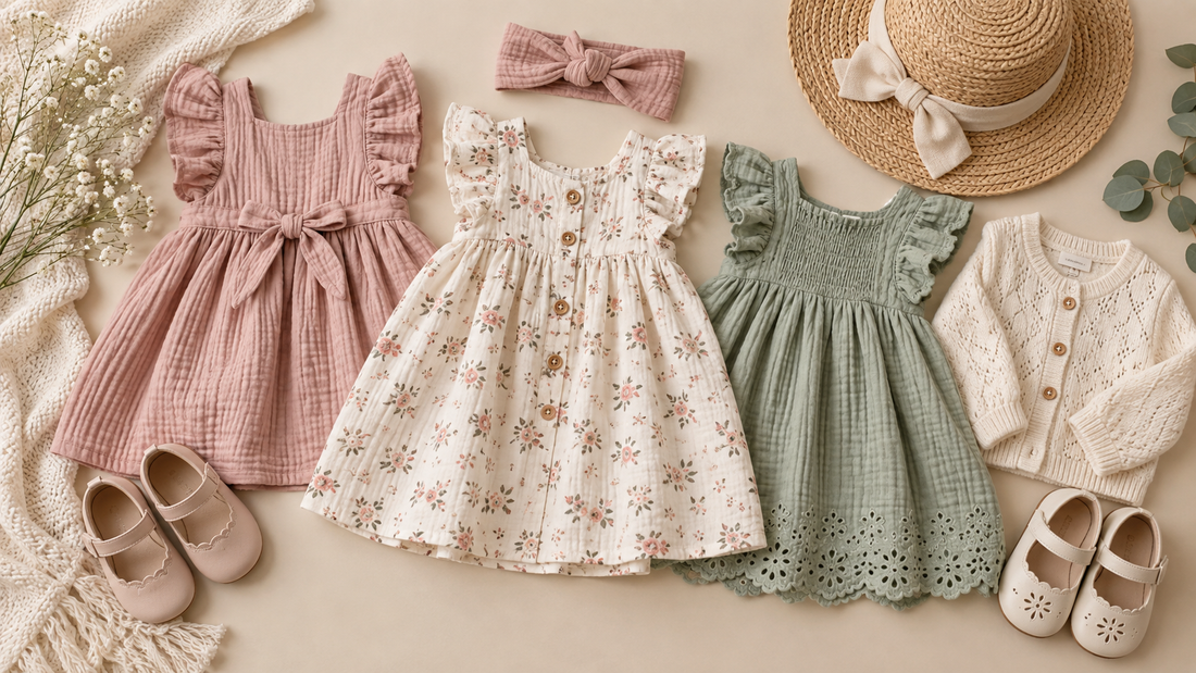 Soft cotton baby girl dresses arranged in a neutral flat lay