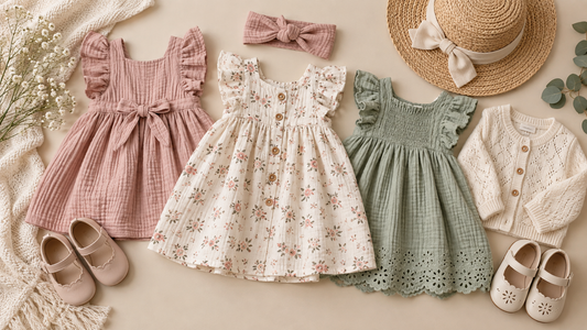 Soft cotton baby girl dresses arranged in a neutral flat lay