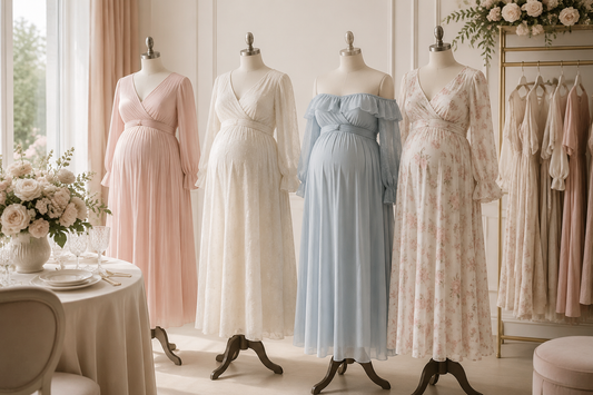 Elegant baby shower dresses in soft pastel fabrics