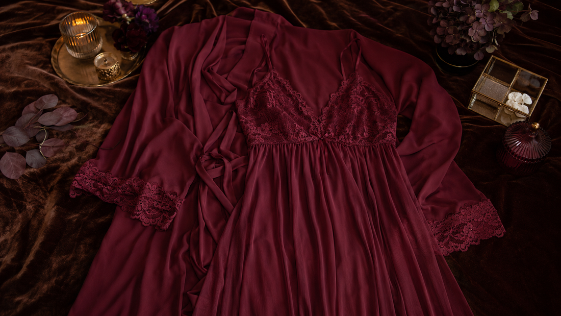 Flowing burgundy babydoll-style nightdress layered with a matching robe
