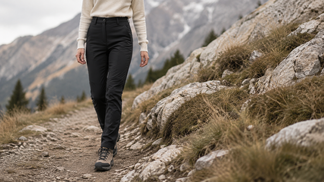 Woman wearing black insulated hiking pants and an ivory sweater on a rocky mountain trail