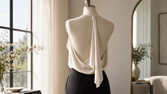 Editorial view of a sophisticated backless top on a mannequin