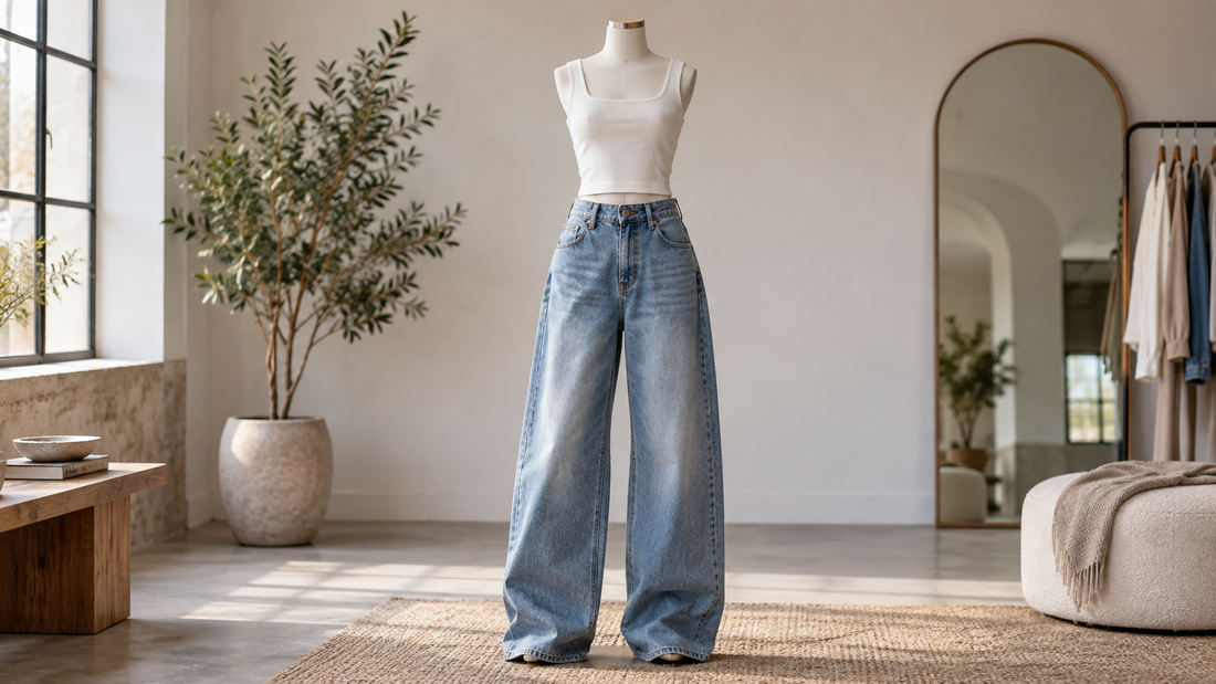 Editorial view of women's baggy jeans showing relaxed volume and secure fit