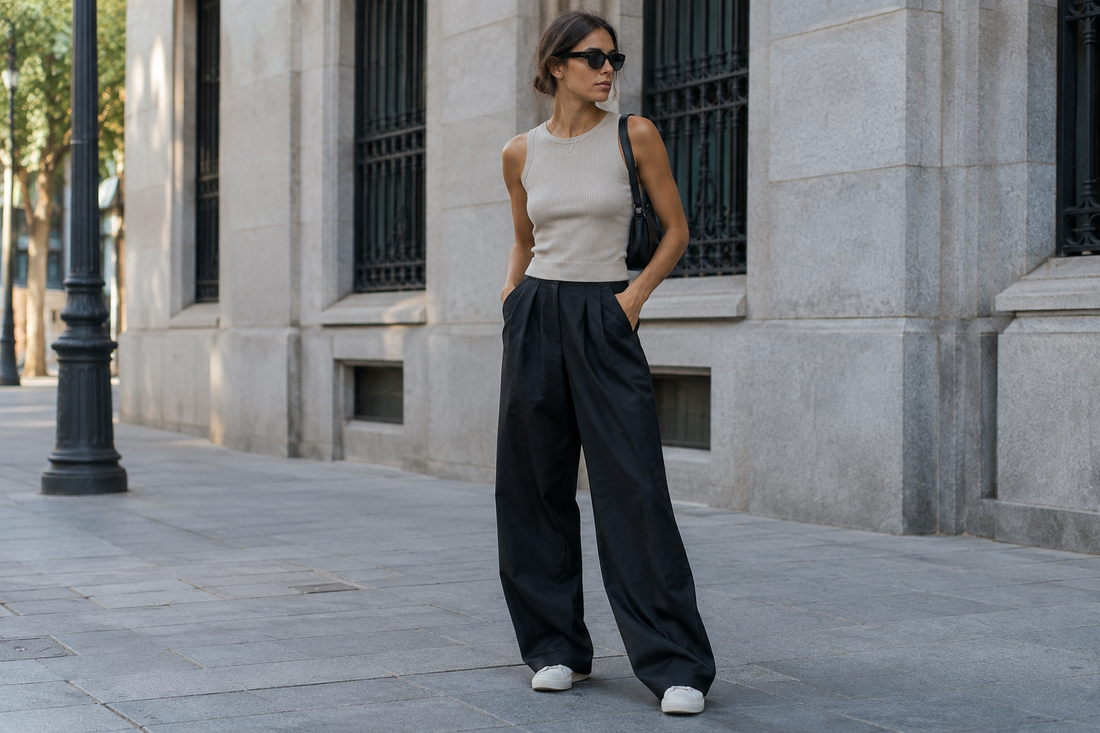 Adult woman wearing dark baggy pants with a fitted top on a city street