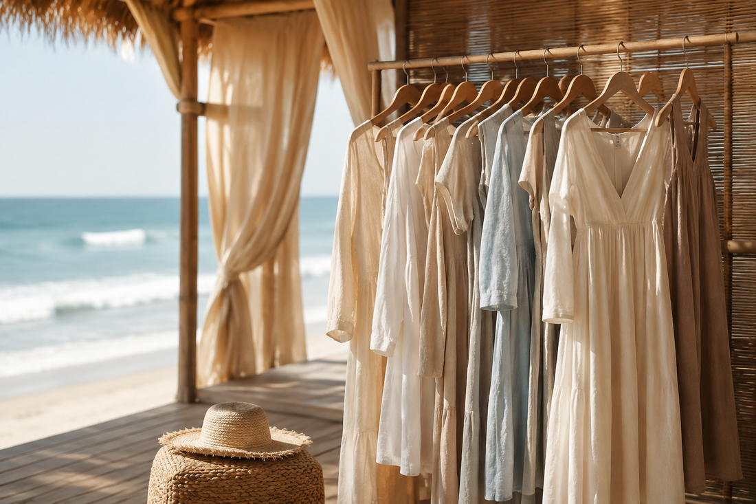 Breathable beach dresses displayed in a sunlit coastal cabana