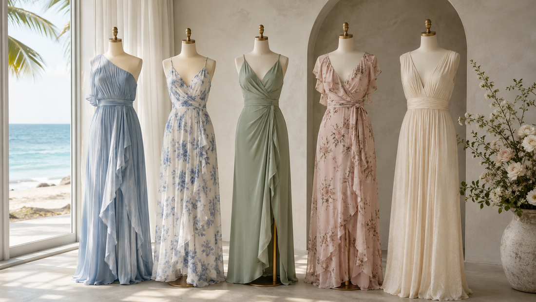 Beach wedding guest dresses in airy fabrics in a coastal studio
