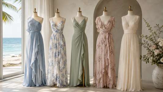 Beach wedding guest dresses in airy fabrics in a coastal studio