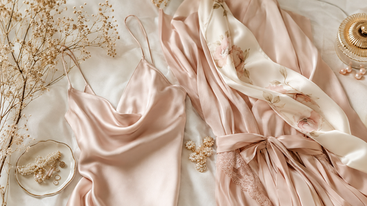 Blush and ivory camisole and robe arranged with delicate accessories