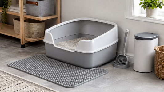 Large cat litter box with scoop and tracking mat in a clean home space