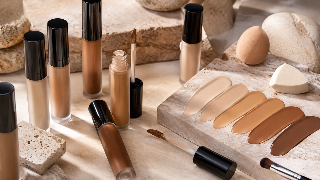 Concealer products and blending tools with neutral pigment swatches