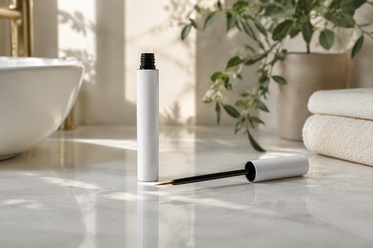 Unbranded eyelash growth serum and applicator on a clean vanity
