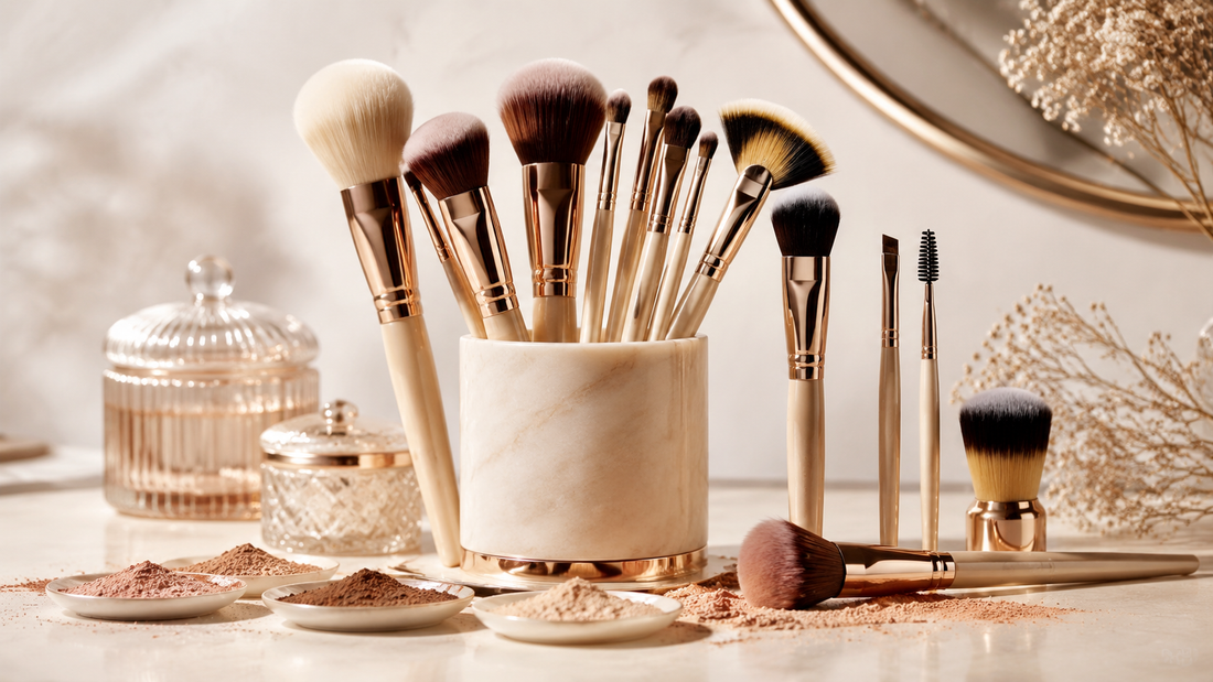 Professional makeup brushes arranged with soft cosmetic pigments