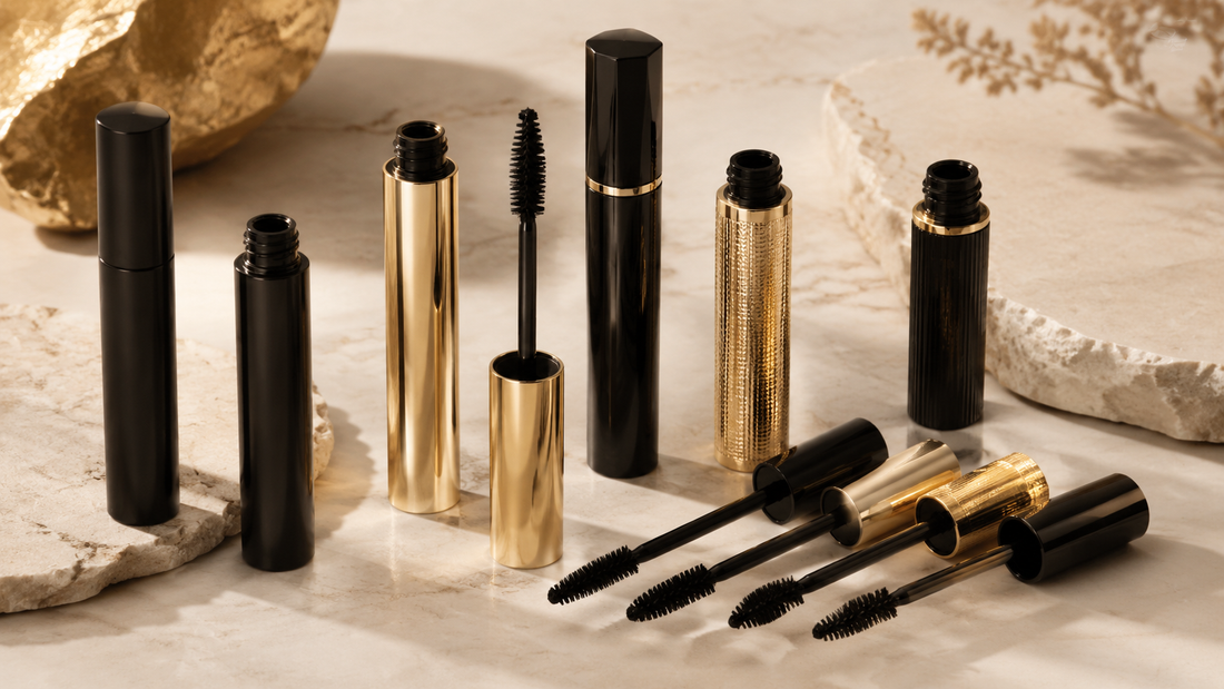 Unbranded mascara tubes and clean wand shapes in a beauty studio