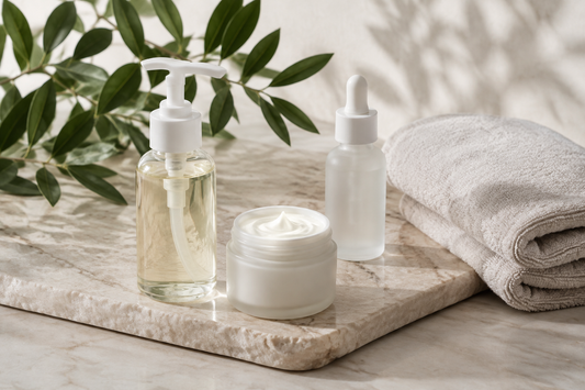 Unbranded cleanser serum and moisturizer for a skincare routine