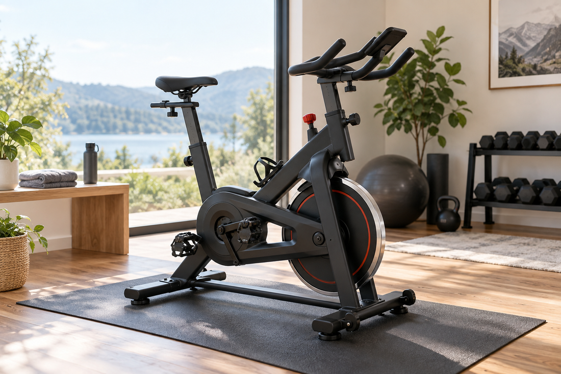 Stationary exercise bike positioned on a mat in a bright home gym