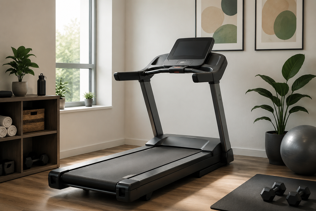 Modern treadmill in a bright compact home gym