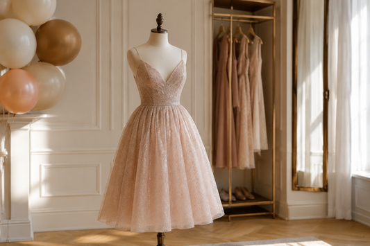 Elegant birthday dress displayed in a refined dressing room
