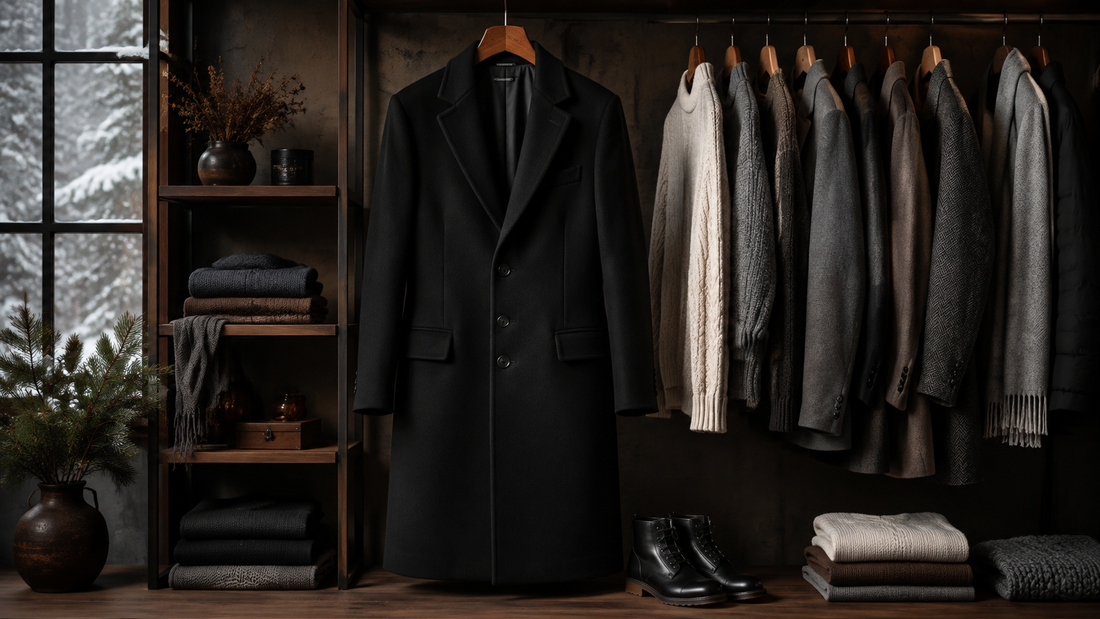 Timeless black coat displayed with winter knitwear and boots