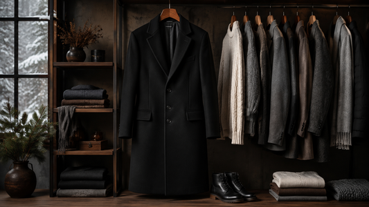 Timeless black coat displayed with winter knitwear and boots