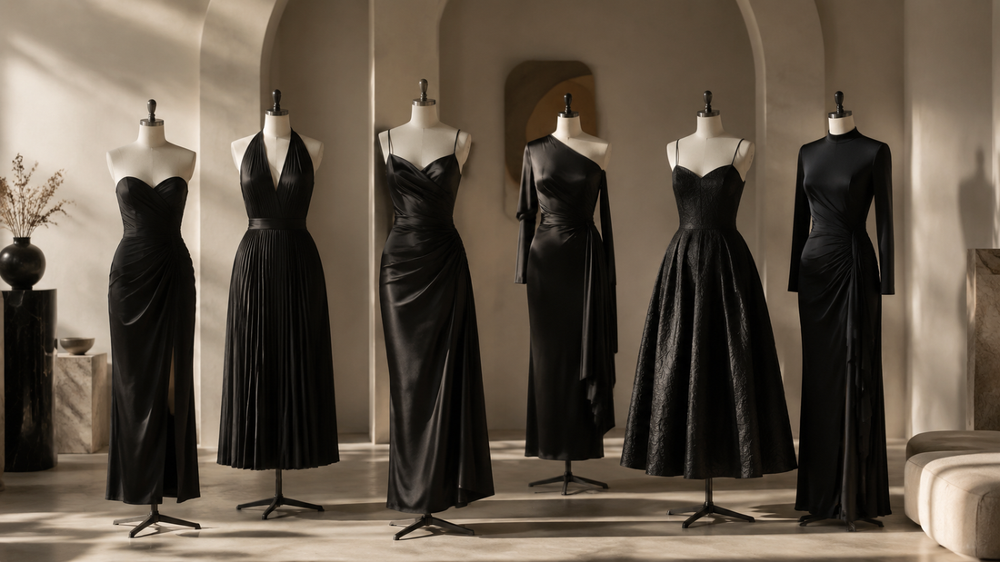 Black dresses in varied fabrics displayed in a softly lit fashion studio