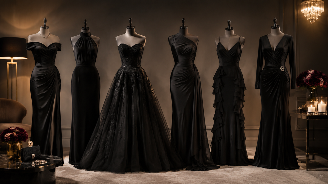 Black formal dresses in varied silhouettes in an evening studio