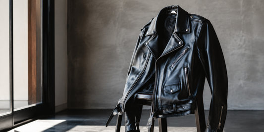Classic black leather jacket in a refined urban studio