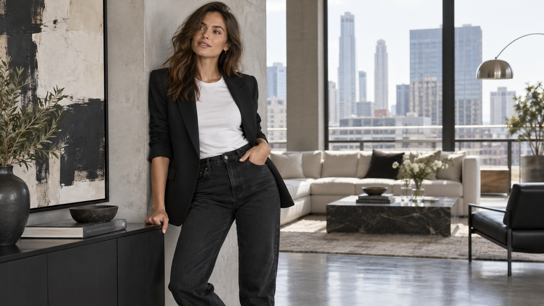 Editorial view of black mom jeans in a modern outfit with no text or branding