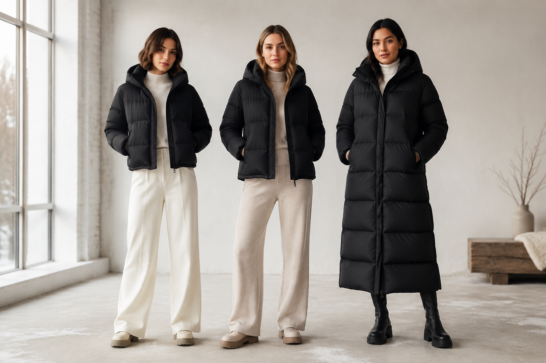 Black puffer jackets in cropped, classic and long winter silhouettes
