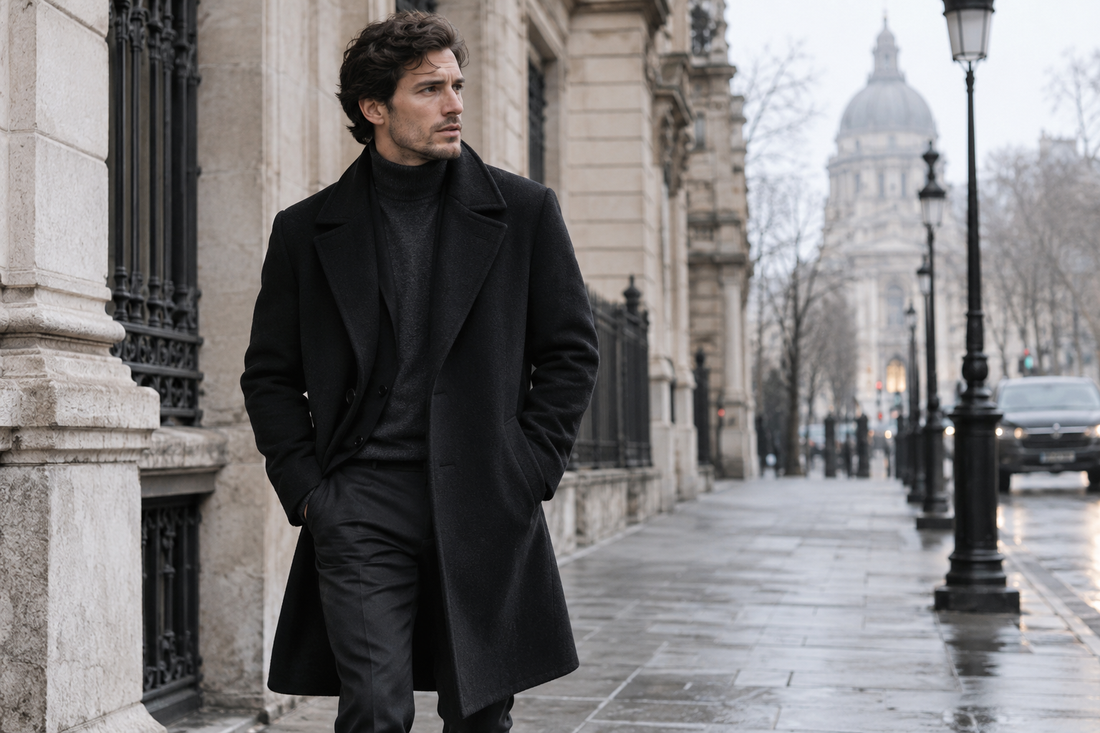 Adult man wearing a tailored black wool coat on a winter city street