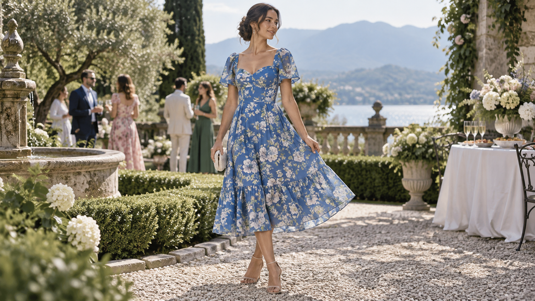 Editorial view of a blue floral dress at a garden event with no text or branding