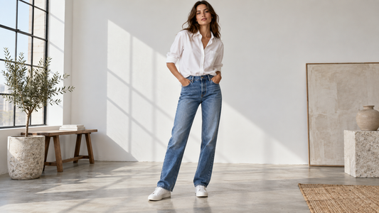 Adult woman wearing classic blue jeans in a daylight studio