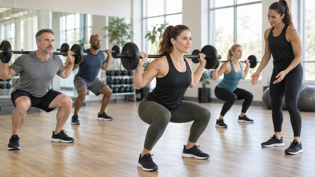 Editorial view of adults in a supervised barbell fitness class with no text or branding