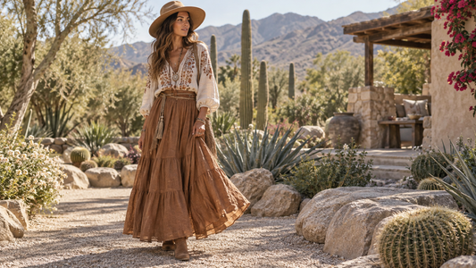 Adult woman wearing earth-tone boho clothing in a sunlit desert garden