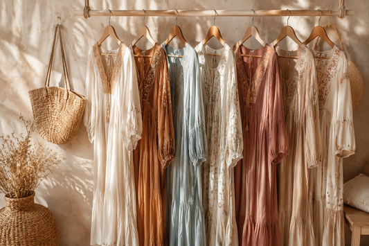 Bohemian dresses in flowing natural fabrics on a sunlit rail