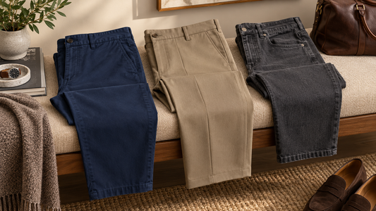 Men's chino dress and casual pants arranged on a neutral wardrobe bench