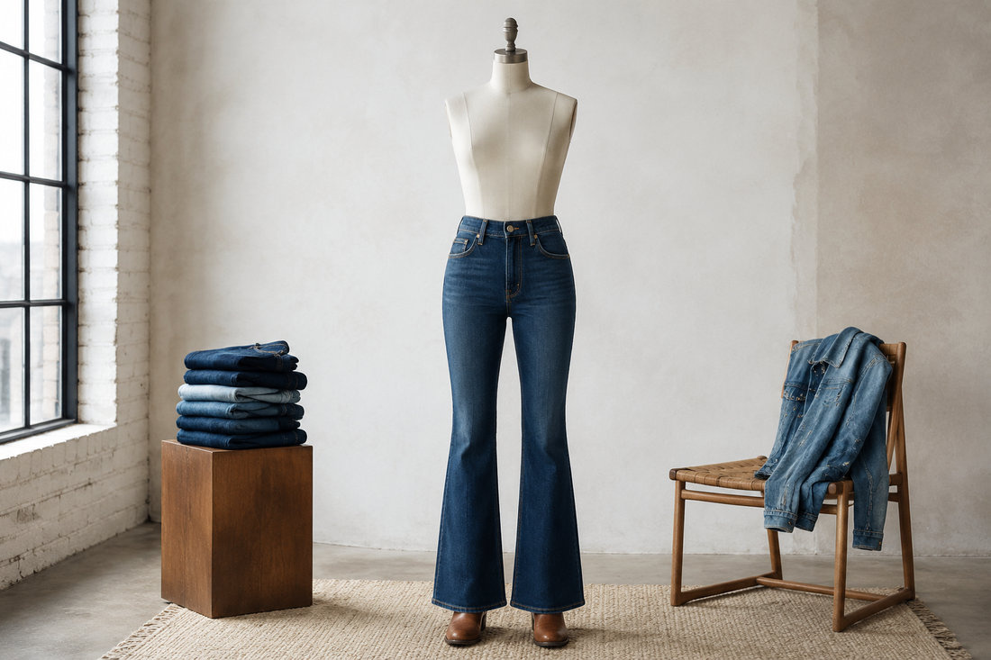Bootcut jeans styled with boots in a clean denim studio