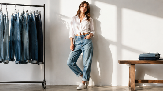 Relaxed boyfriend jeans styled in a bright fashion studio