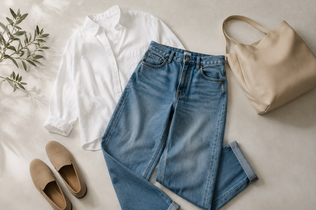 Boyfriend jeans styled with a white shirt and neutral accessories