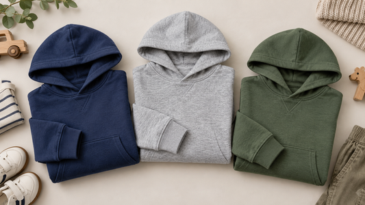 Boys hoodies in navy gray and green arranged in a neutral flat lay