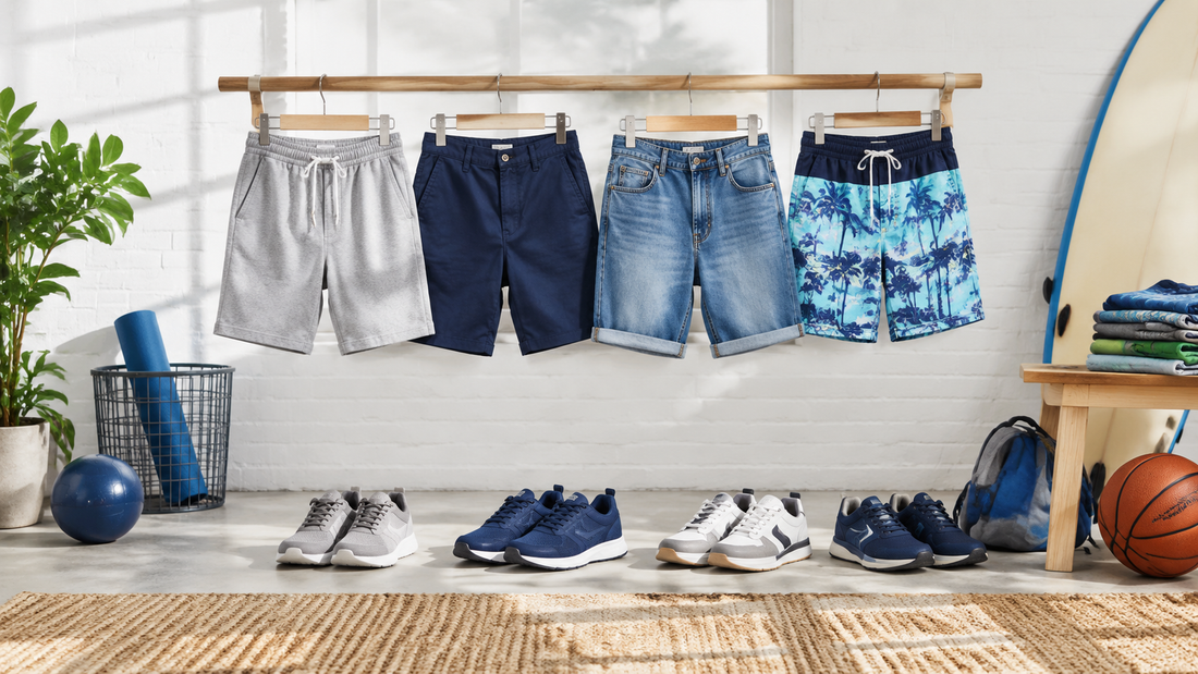 Boys shorts in varied fabrics arranged with trainers
