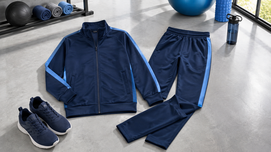 Boys tracksuit pieces and trainers arranged in an activewear studio