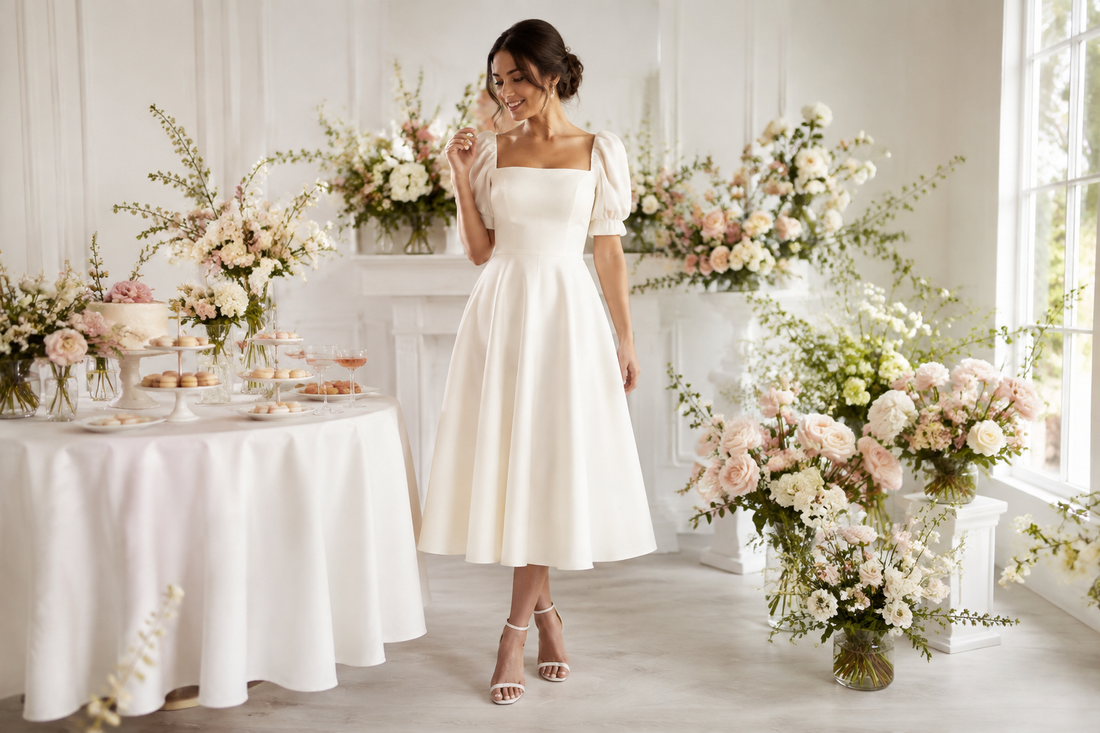 Elegant ivory bridal shower dress in a bright floral studio