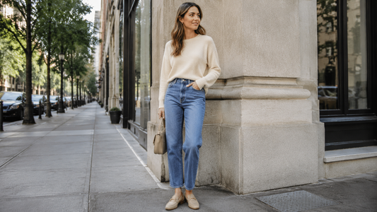 Woman wearing high-rise straight-leg blue jeans with a cream knit and loafers