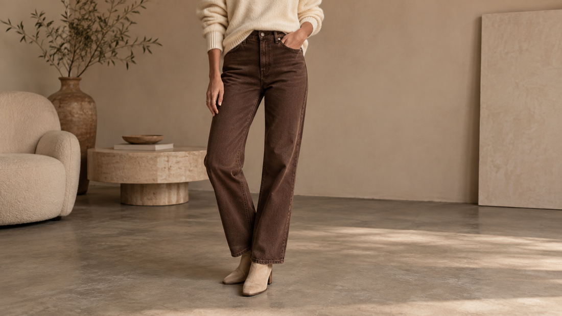 Editorial view illustrating brown jeans in a clean, realistic setting with no text or branding