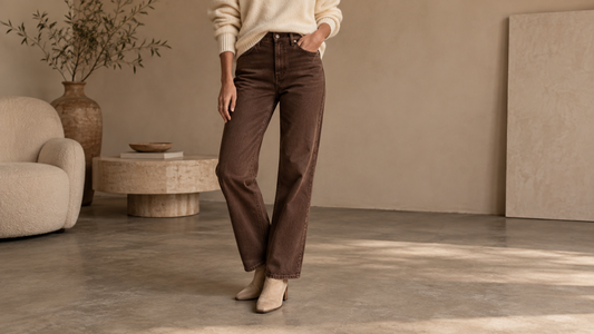 Editorial view illustrating brown jeans in a clean, realistic setting with no text or branding